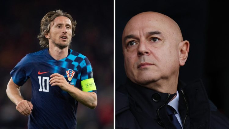Split image of (L) Luka Modric in action for Croatia and (R) Daniel Levy looking on during a Tottenham game