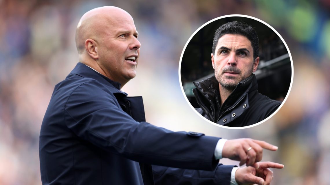 Arne Slot looks on for Liverpool. Inset, Mikel Arteta.