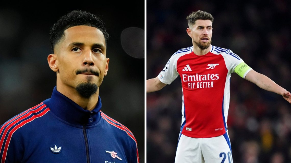 Split image of (L) William Saliba just before an Arsenal game and (R) Jorginho in action for the Gunners in the Champions League