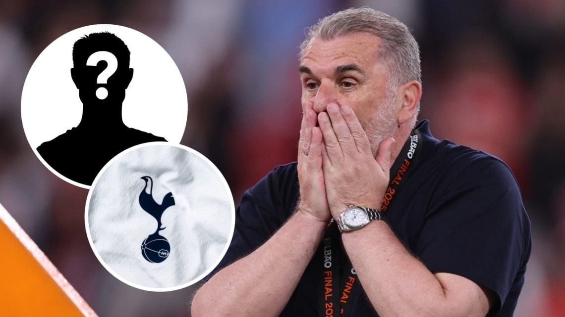 Ange Postecoglou reacts to Tottenham's triumph in the Europa League. Inset, Spurs' badge.