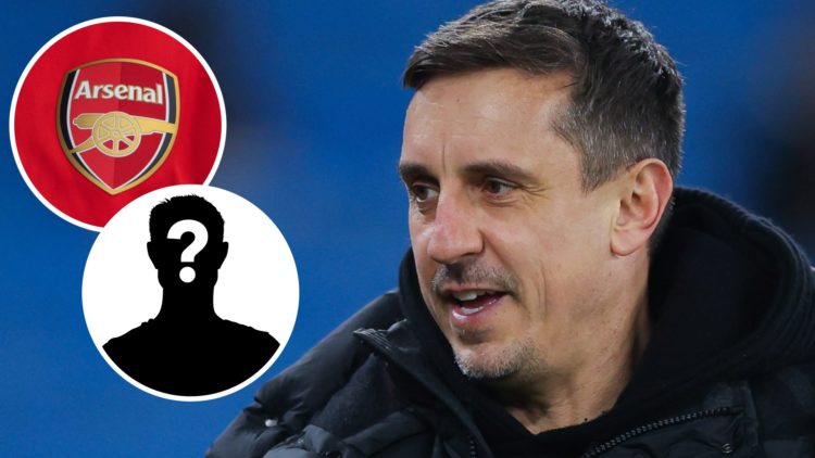 Image of Gary Neville working as a pundit with insets of the Arsenal badge and a mystery player