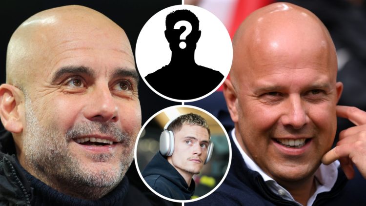 Split image of Man City manager Pep Guardiola (L) and Liverpool manager Arne Slot (R). Inset of Florian Wirtz and mystery player.