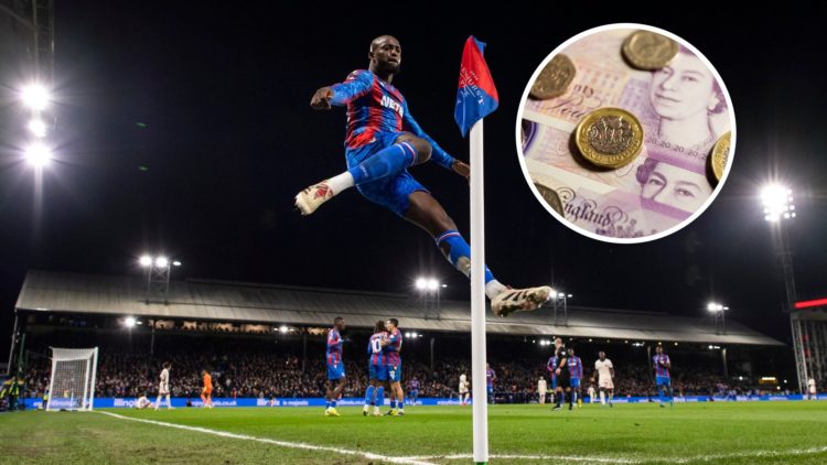 Image of Jean-Philippe Mateta kicking the corner flag after scoring for Crystal Palace against Chelsea, pound coins and notes inset