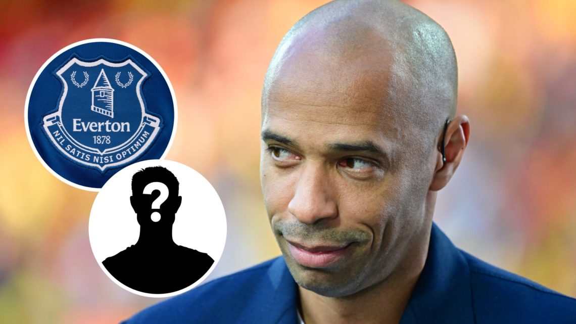 Thierry Henry looks on during a Ligue 1 match. Inset, Everton badge.