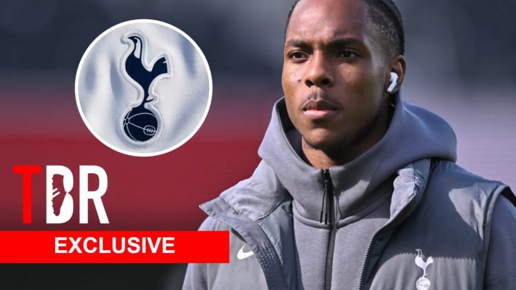 Tottenham Hotspur forward Mathys Tel. Inset of Tottenham badge.