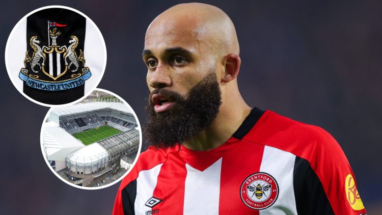 Bryan Mbeumo playing for Brentford, Newcastle badge and St James' Park inset