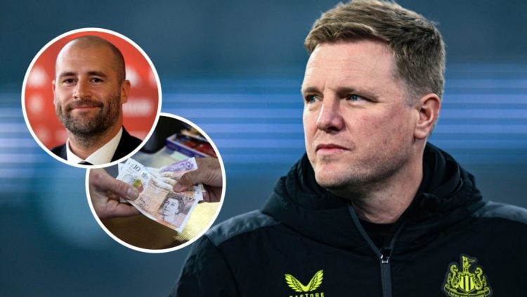 Eddie Howe looks on during a Newcastle match. Inset, Paul Mitchell and a photo of money being exchanged.