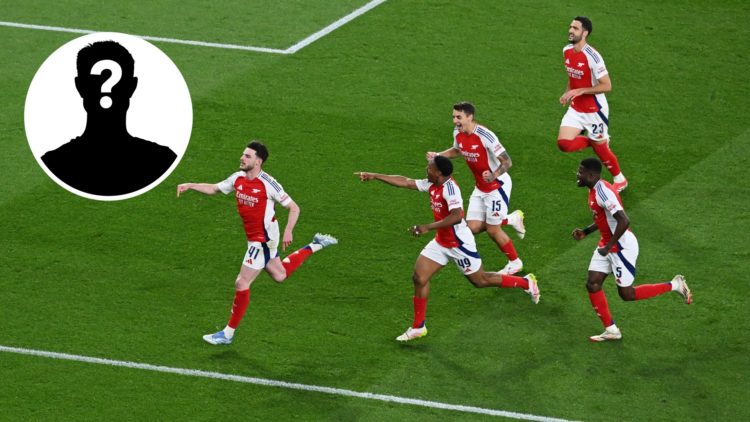 Image of Declan Rice celebrating after scoring for Arsenal against Real Madrid in the UEFA Champions League, mystery figure inset