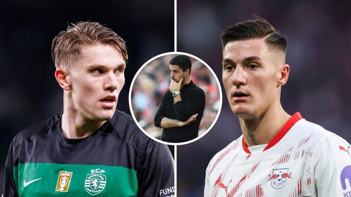 Split image of Sporting CP striker Viktor Gyokeres (L) and RB Leipzig striker Benjamin Sesko (R). Inset of Arsenal manager Mikel Arteta.