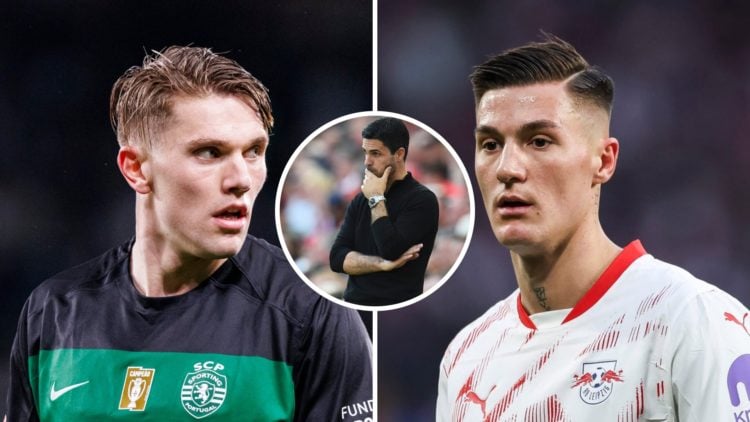 Split image of Sporting CP striker Viktor Gyokeres (L) and RB Leipzig striker Benjamin Sesko (R). Inset of Arsenal manager Mikel Arteta.