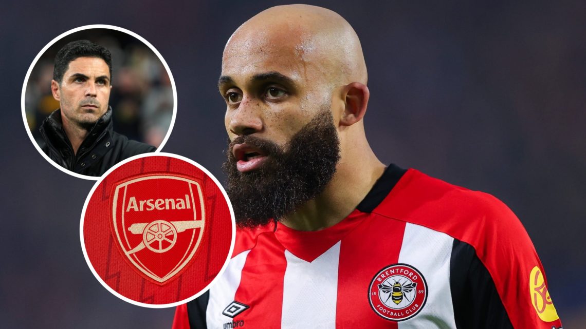 Brentford forward Bryan Mbeumo with insets of Arsenal badge and Mikel Arteta