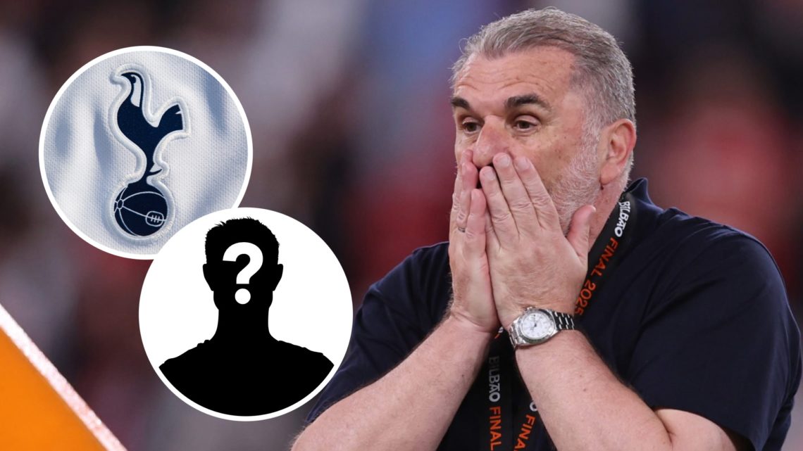 Tottenham Hotspur manager Ange Postecoglou. Inset of Tottenham badge and mystery player.
