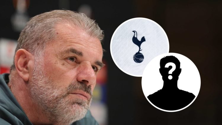 Tottenham Hotspur manager Ange Postecoglou with inset of Spurs badge and mystery silhouette