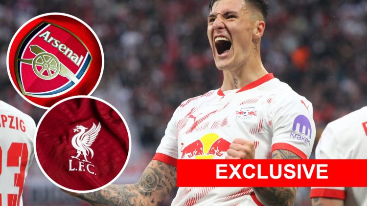 Image of Benjamin Sesko with overlay of Arsenal logo and another overlay of Liverpool badge