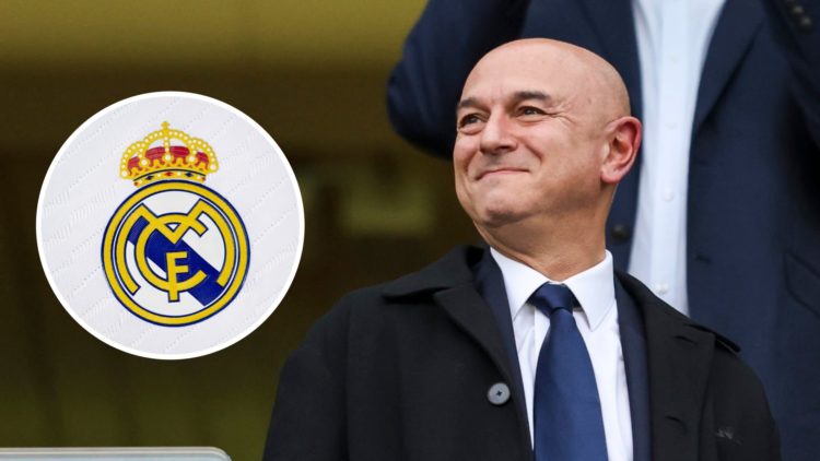 Image of Daniel Levy smiling during a Tottenham game with an inset of the Real Madrid club badge