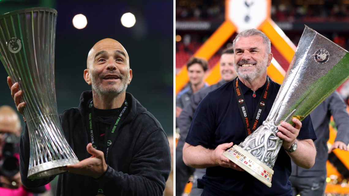 Split image of Chelsea manager Enzo Maresca with the Europa Conference League trophy and Tottenham manager Ange Postecoglou with the Europa League ...