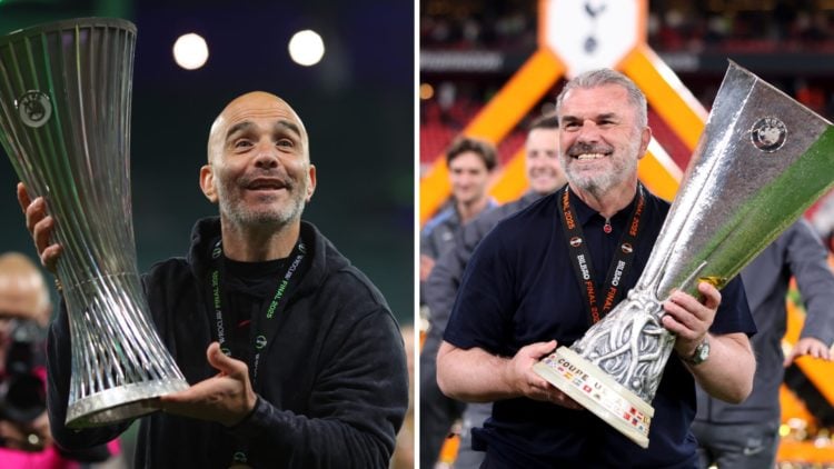 Split image of Chelsea manager Enzo Maresca with the Europa Conference League trophy and Tottenham manager Ange Postecoglou with the Europa League ...