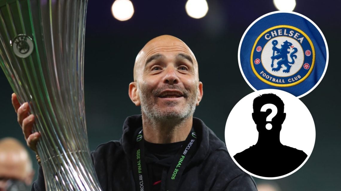 Chelsea manager Enzo Maresca with the Europa Conference League trophy. Inset of Chelsea badge and mystery player.