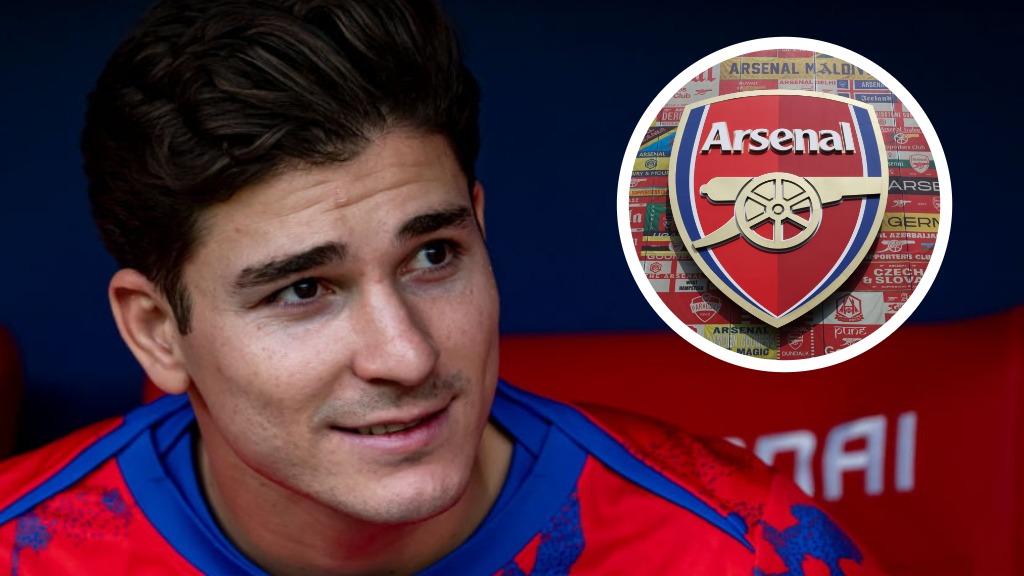 Atletico Madrid forward Julian Alvarez. Inset of Arsenal badge at the Emirates Stadium.