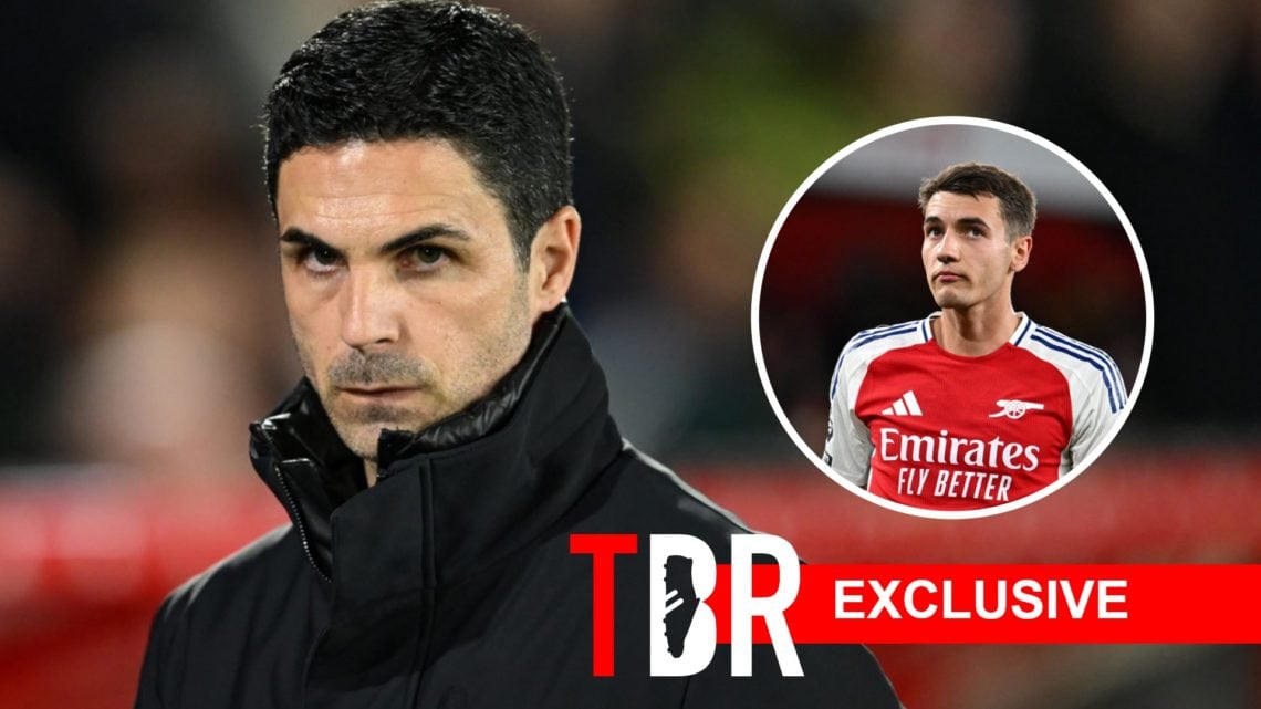 Mikel Arteta looks on during an Arsenal match. Inset, Jakub Kiwior.