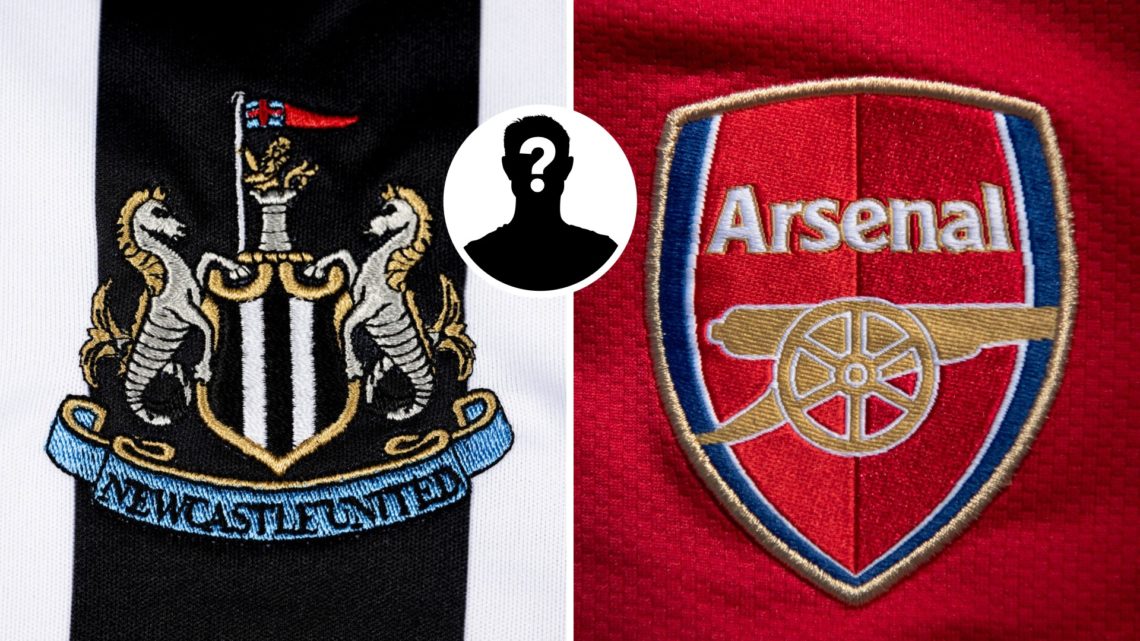 Split image of the Newcastle United badge and Arsenal crest with mystery figure inset