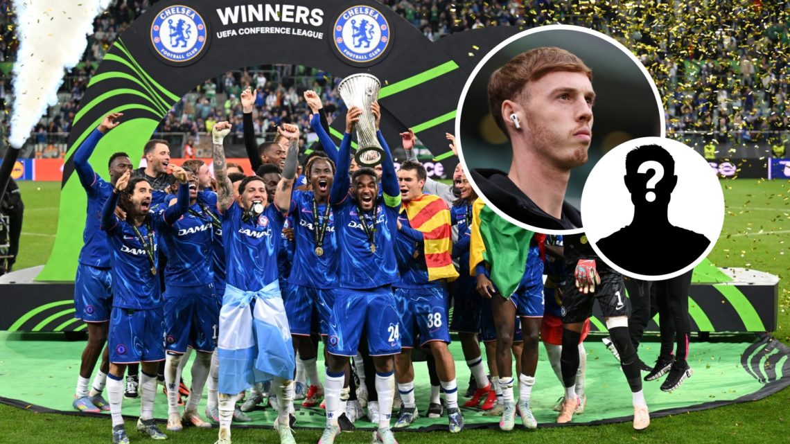 Image of Chelsea players celebrating the UEFA Conference League win, Cole Palmer and mystery figure inset