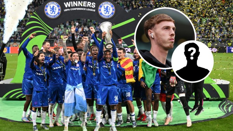 Image of Chelsea players celebrating the UEFA Conference League win, Cole Palmer and mystery figure inset