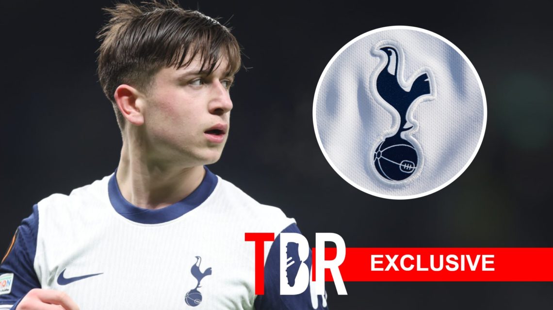 Tottenham Hotspur forward Mikey Moore. Inset of Tottenham badge.