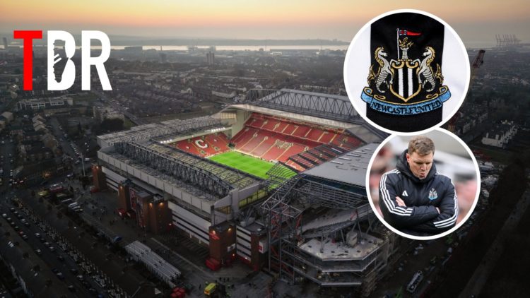 Aerial view of Anfield with Newcastle United badge and Eddie Howe inset, TBR site logo top left