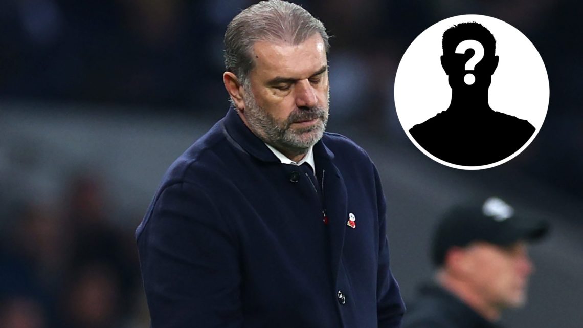 Image of a dejected Ange Postecoglou during game vs Ipswich Town, with overlay of mystery person