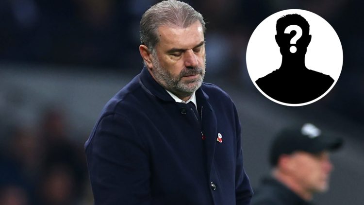 Image of a dejected Ange Postecoglou during game vs Ipswich Town, with overlay of mystery person