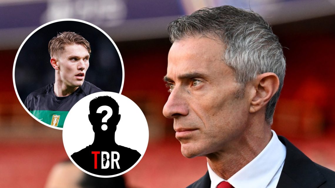 Arsenal sporting director Andrea Berta looks on. Inset, Viktor Gyokeres and a question mark.