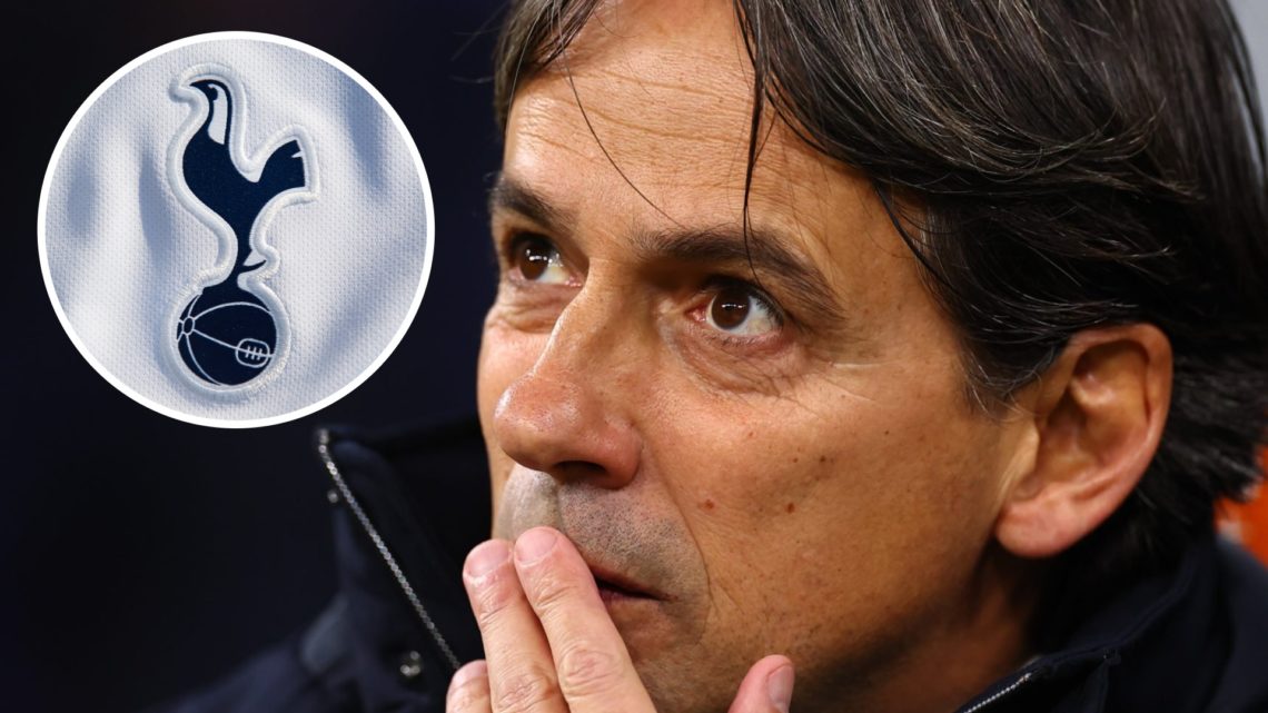 Inter Milan manager Simone Inzaghi. Inset of Tottenham Hotspur badge.
