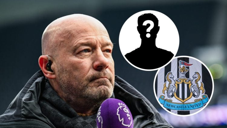 Newcastle United legend Alan Shearer with insets of Newcastle badge and mystery silhouette