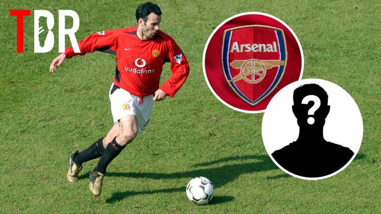 Image of Ryan Giggs playing for Manchester United with Arsenal badge and mystery figure inset