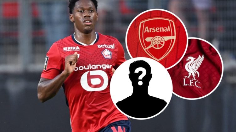 Jonathan David with insets of Arsenal and Liverpool badges plus mystery silhouelle