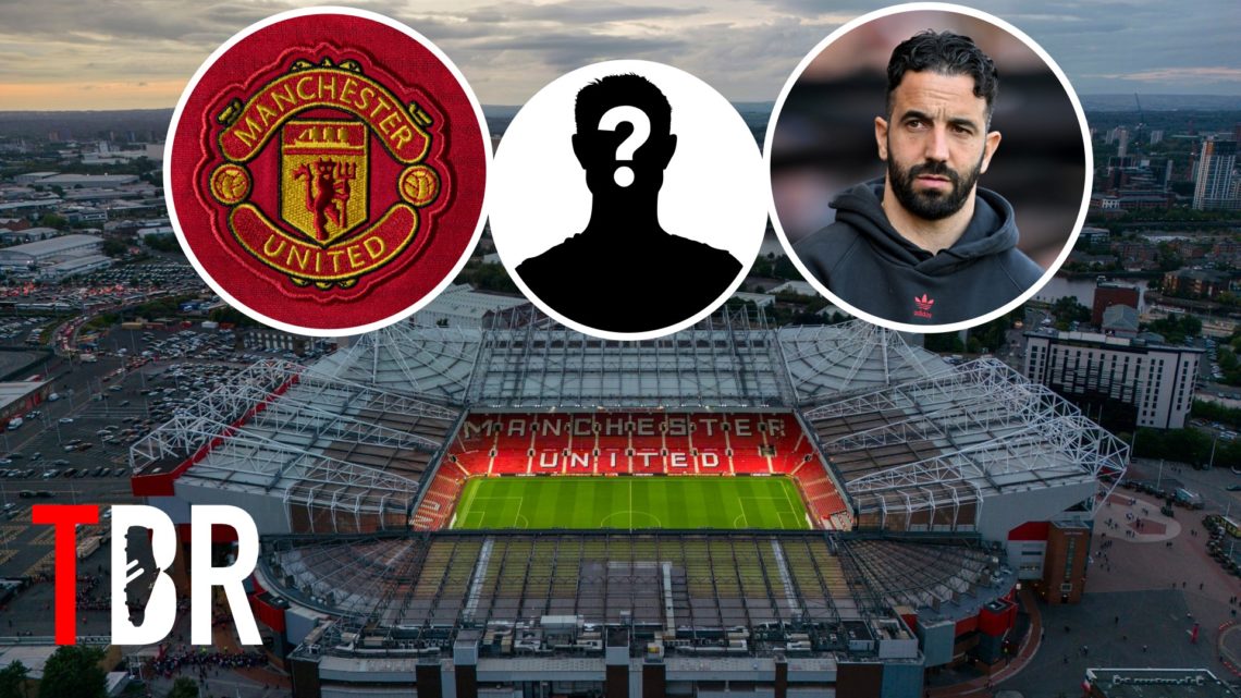 Aerial view of Old Trafford with Ruben Amorim, Manchester United badge and mystery figure inset