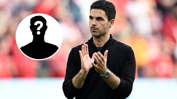 Arsenal manager Mikel Arteta with inset of mystery silhouette
