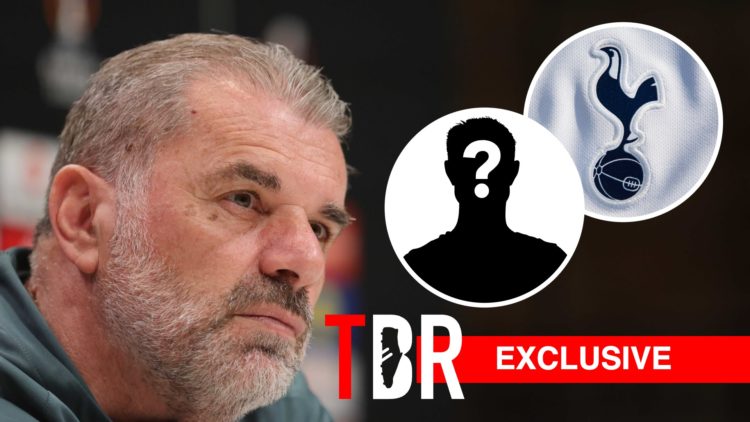 Tottenham manager Ange Postecoglou. Inset of Tottenham badge and mystery player.