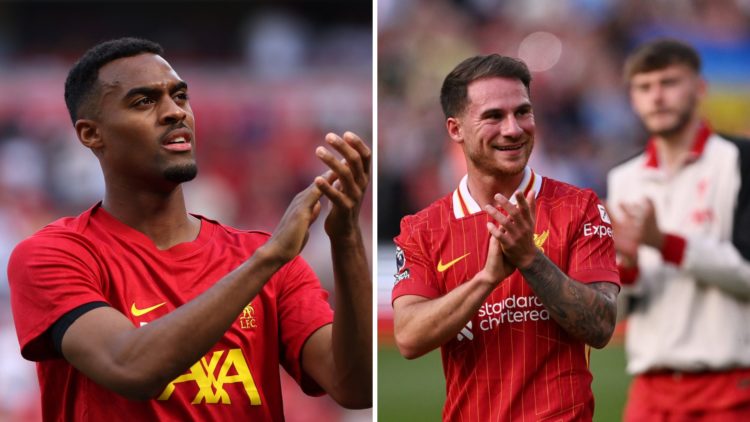 Split image of Alexis Mac Allister and Ryan Gravenberch applauding the Liverpool fans