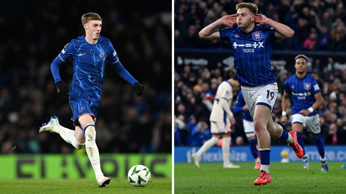 Split image of Chelsea midfielder Cole Palmer and Ipswich Town striker Liam Delap