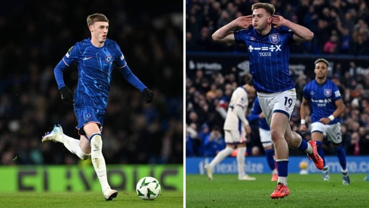 Split image of Chelsea midfielder Cole Palmer and Ipswich Town striker Liam Delap