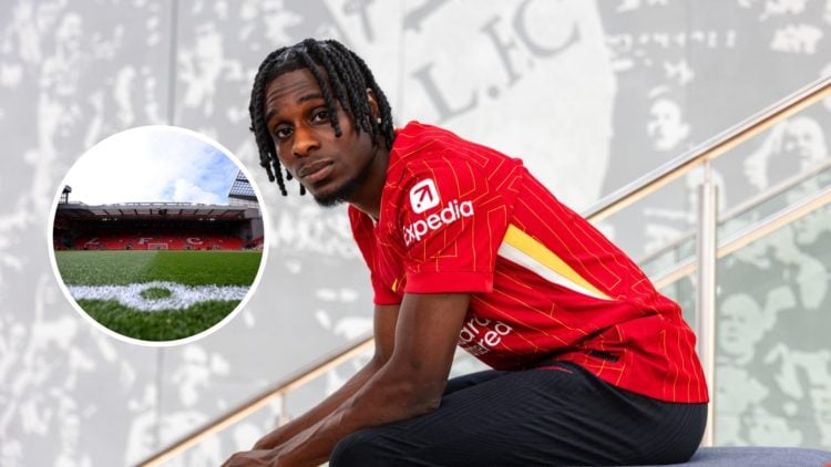 Liverpool summer signing Jeremie Frimpong with inset of Anfield Stadium