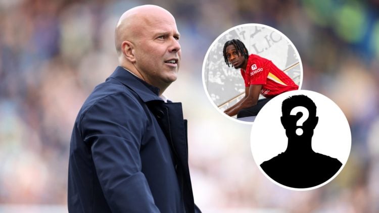 Liverpool manager Arne Slot with inset of Jeremie Frimpong and mystery silhouette