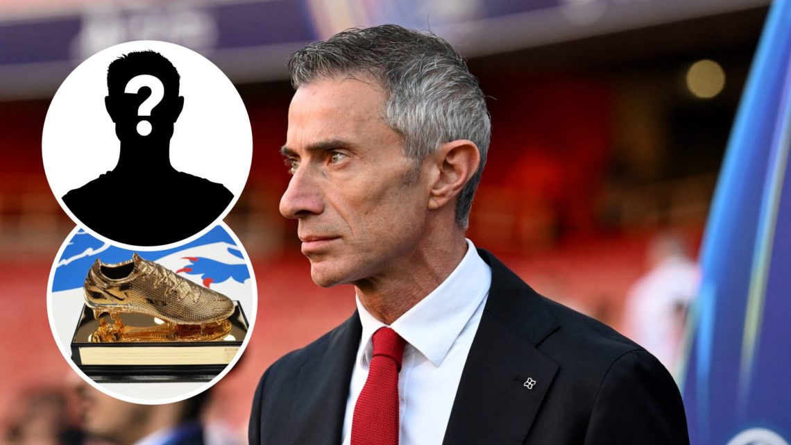 Arsenal sporting director Andrea Berta with insets of the Golden Boot trophy and a mystery silhouette