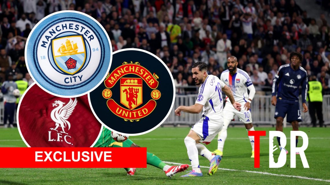 Lyon player Rayan Cherki with insets of Manchester City, Manchester United and Liverpool badges