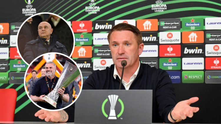Ferencvaros manager Robbie Keane with insets of Tottenham Hotspur chairman Daniel Levy and Spurs manager Ange Postecoglou