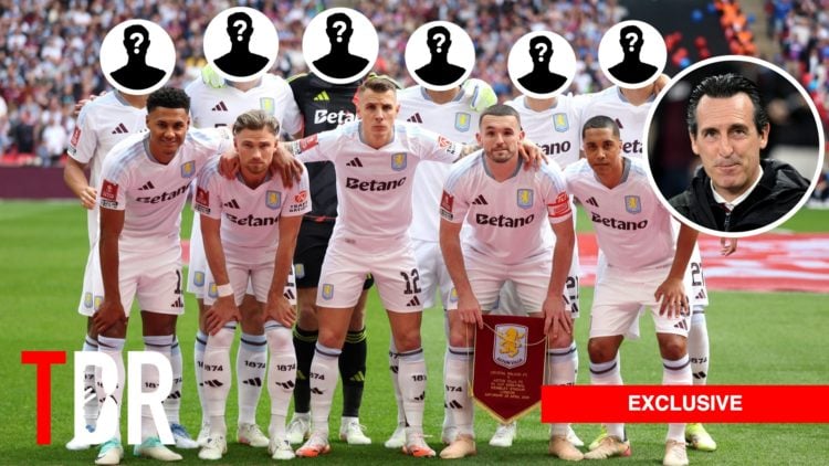 Photo of Aston Villa squad with several faces covered by mystery image, Unai Emery inset
