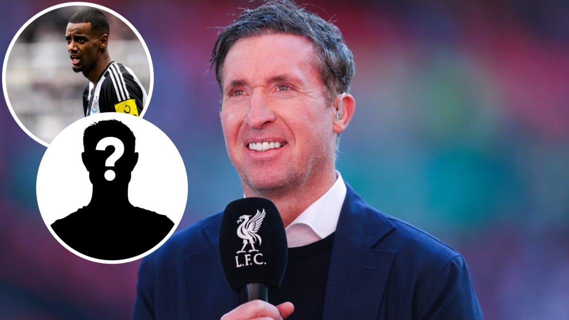 Image of Robbie Fowler speaking while working as a pundit with insets of Alexander Isak during a Newcastle United game and a mystery player
