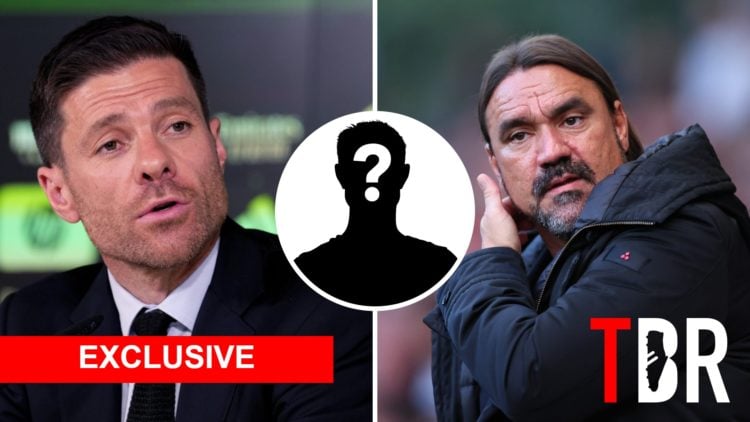 Split image of Real Madrid head coach Xabi Alonso and Leeds United manager Daniel Farke with inset of mystery silhouette